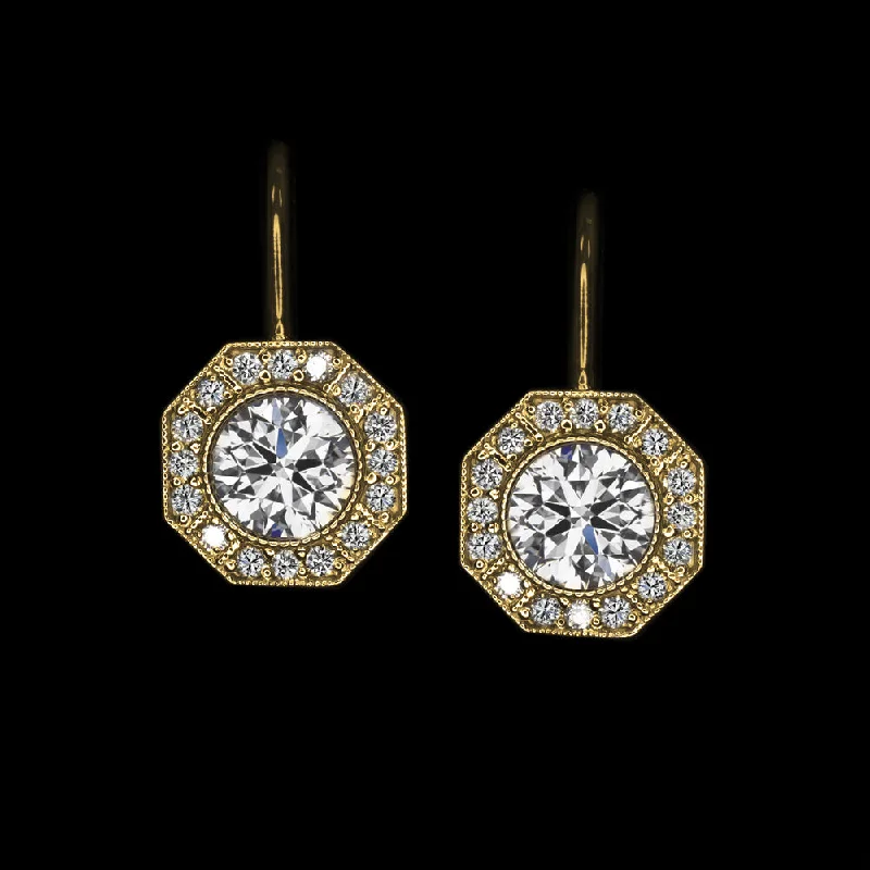 women’s designer earrings-1.96ct LAB CREATED DIAMOND DROP EARRINGS VINTAGE STYLE DANGLE YELLOW GOLD ROUND