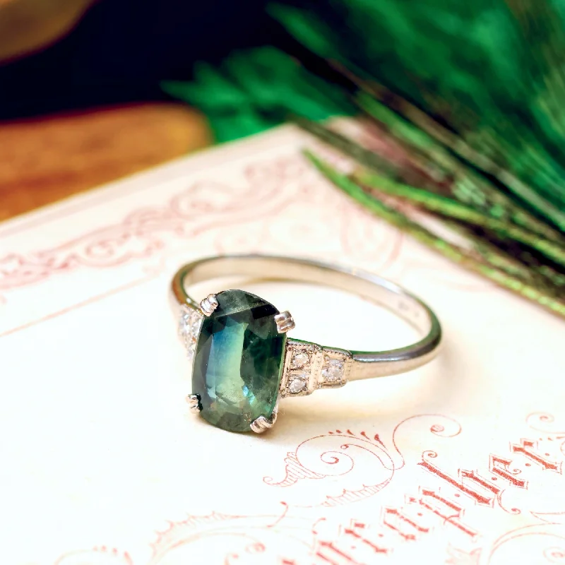 women’s affordable engagement rings-Art Deco Platinum Green Tourmaline & Diamond Ring