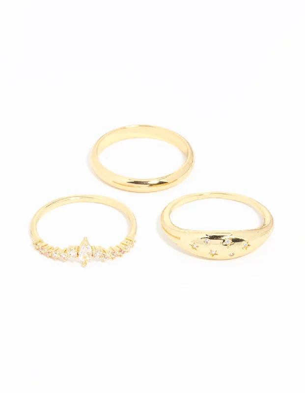 women’s personalized rings-Gold Plated Cubic Zirconia Cluster & Plain Rings 3-Pack