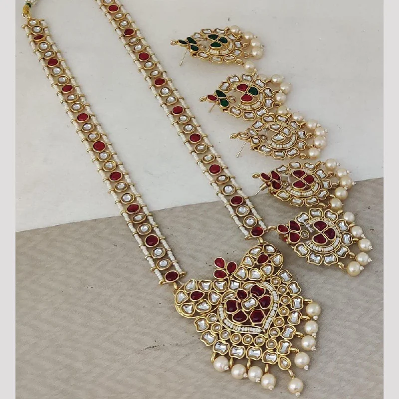 women’s pearl drop necklaces-Rani Sati Jewels Gold Plated Pearl And Kundan Long Necklace Set