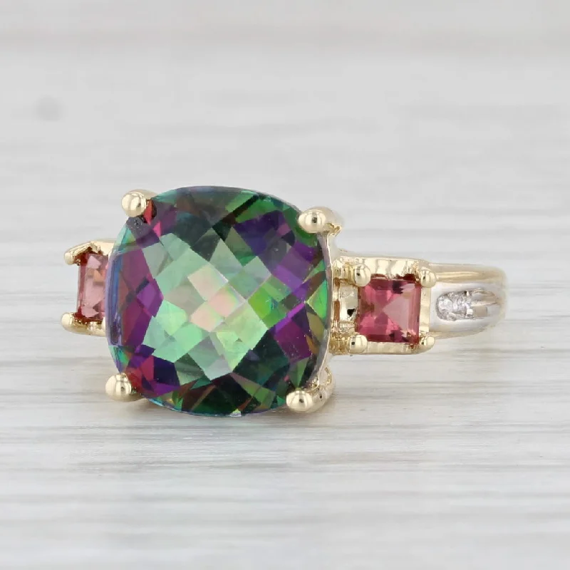 women’s colored stone engagement rings-5.76ctw Mystic Topaz Pink Tourmaline Diamond Ring 10k Yellow Gold Size 6