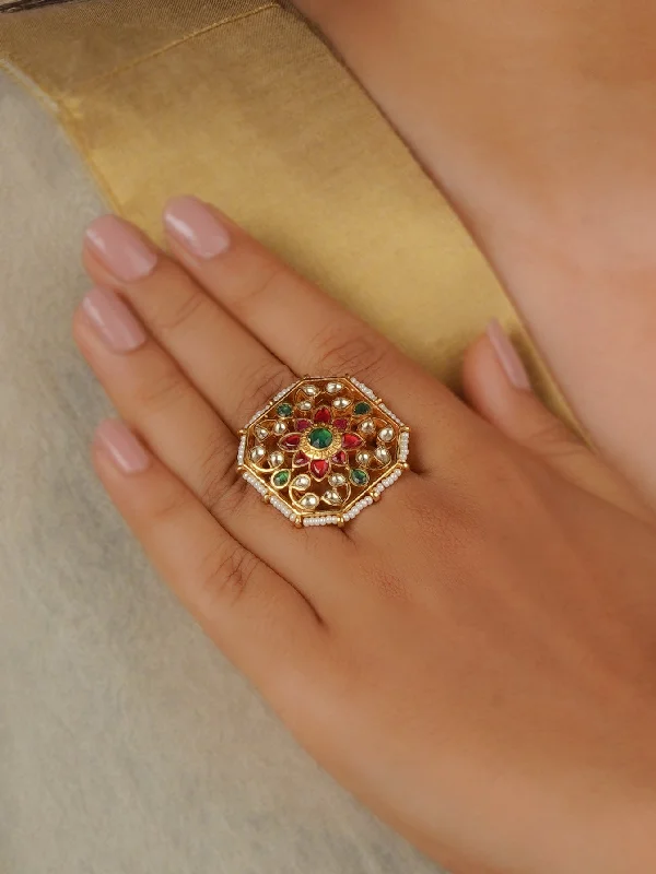 women’s oval-cut diamond rings-Multicolor Gold Plated Jadau Kundan Ring - MRNG172M