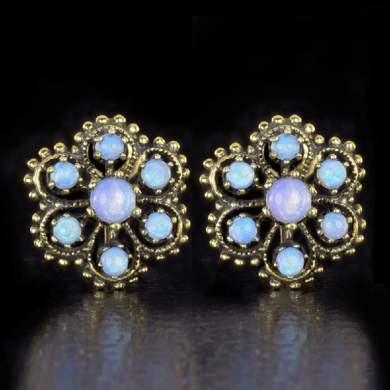 women’s cubic zirconia earrings-VINTAGE OPAL STUD EARRINGS 14k YELLOW GOLD HANDMADE FLOWER VICTORIAN BLUE ESTATE