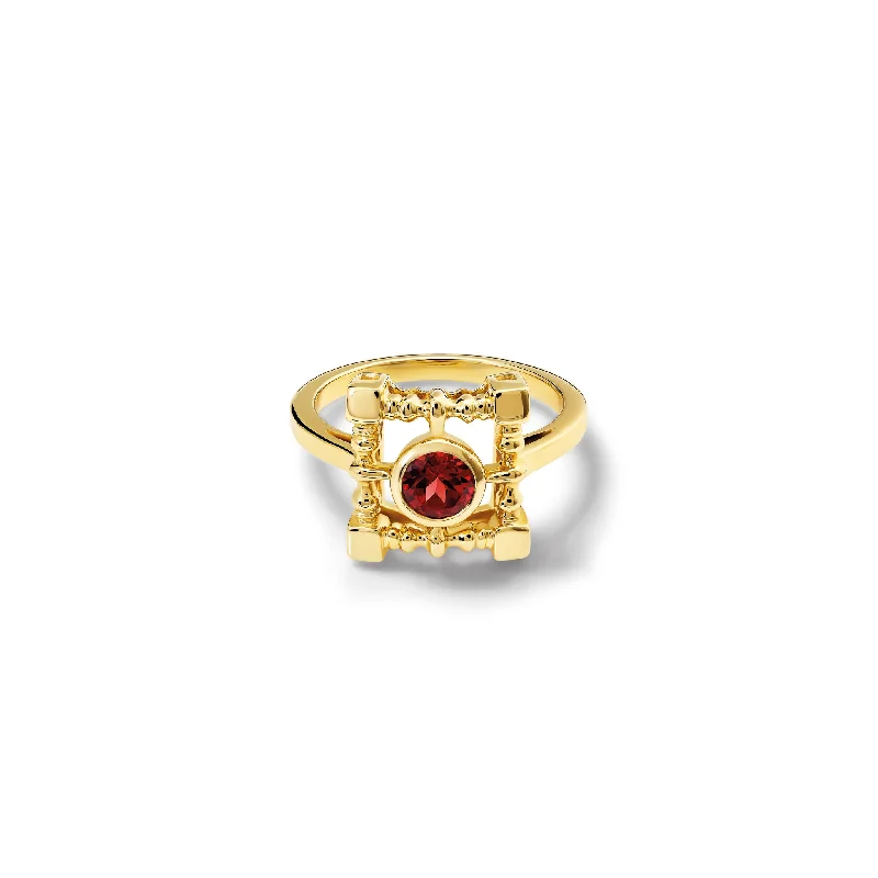 women’s stackable gemstone rings-Mashrabiya Trellis Square Ring Yellow Gold - Garnet