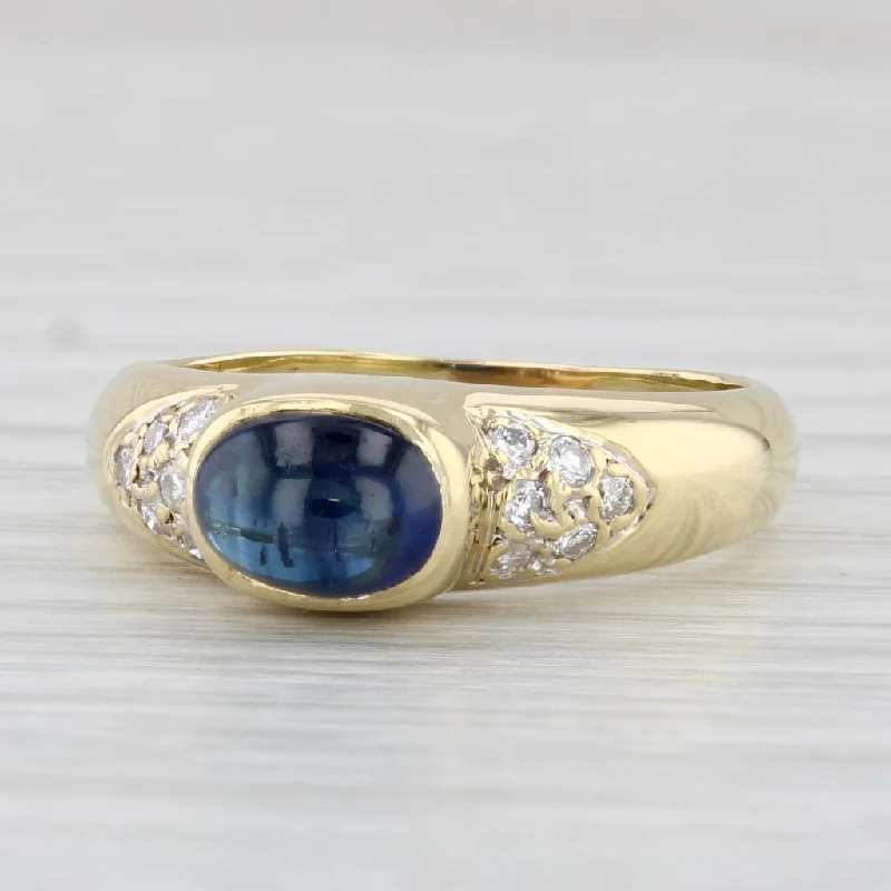 women’s custom designed engagement rings-Blue Sapphire Diamond Ring 18k Yellow Gold Size 7 Oval Cabochon