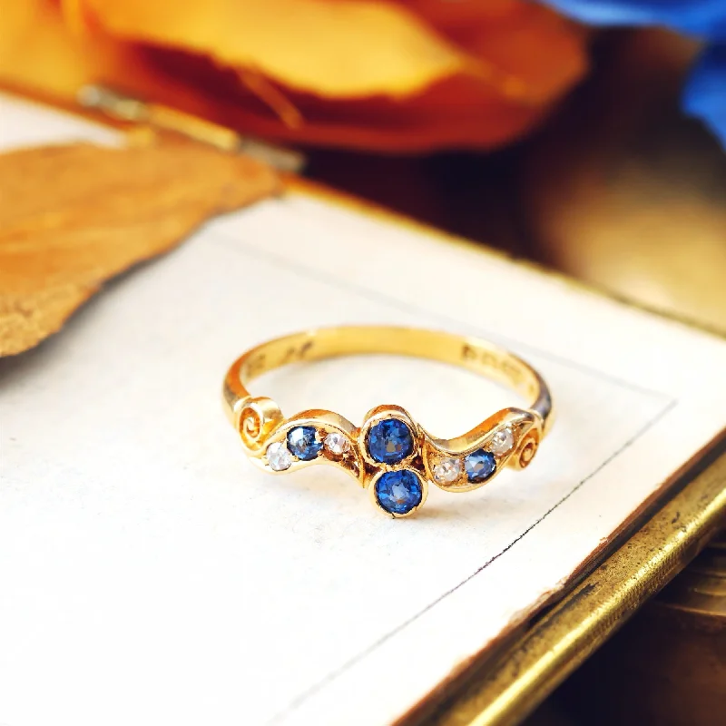 women’s engagement rings with side stones-Beautiful Antique Date 1897 Sapphire & Diamond Ring