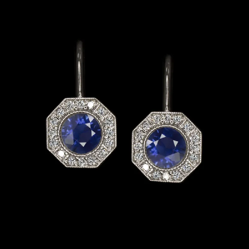 women’s long dangle earrings-2.36ct SAPPHIRE DIAMOND DROP EARRINGS VINTAGE STYLE DANGLE ART DECO HALO BLUE