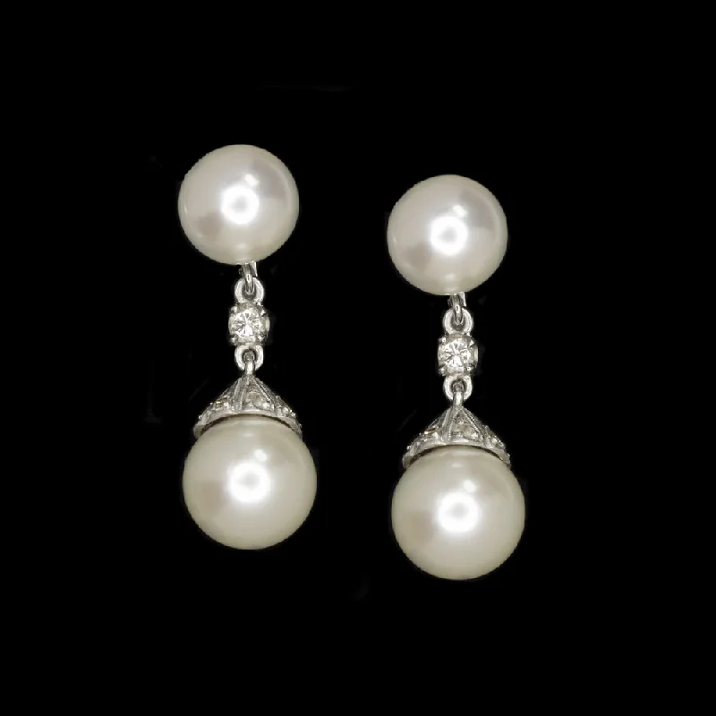 women’s long dangle earrings-VINTAGE PEARL DIAMOND EARRINGS 14k WHITE GOLD DROP DANGLE ESTATE JEWELRY GIFT