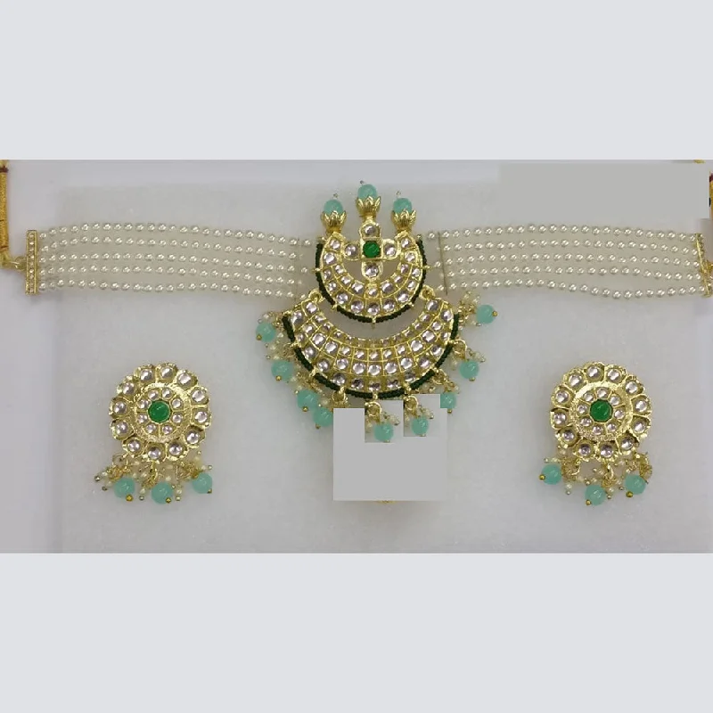 women’s heart-shaped necklaces-Midas Touch Gold Plated Kundan And Pearl Choker Necklace Set