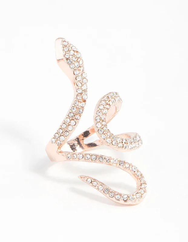 women’s gemstone rings-Rose Gold Diamante Snake Swirl Ring