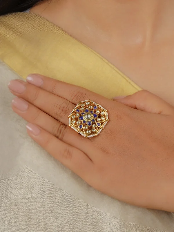 women’s anniversary rings-Blue Color Gold Plated Jadau Kundan Ring - MRNG172YBL