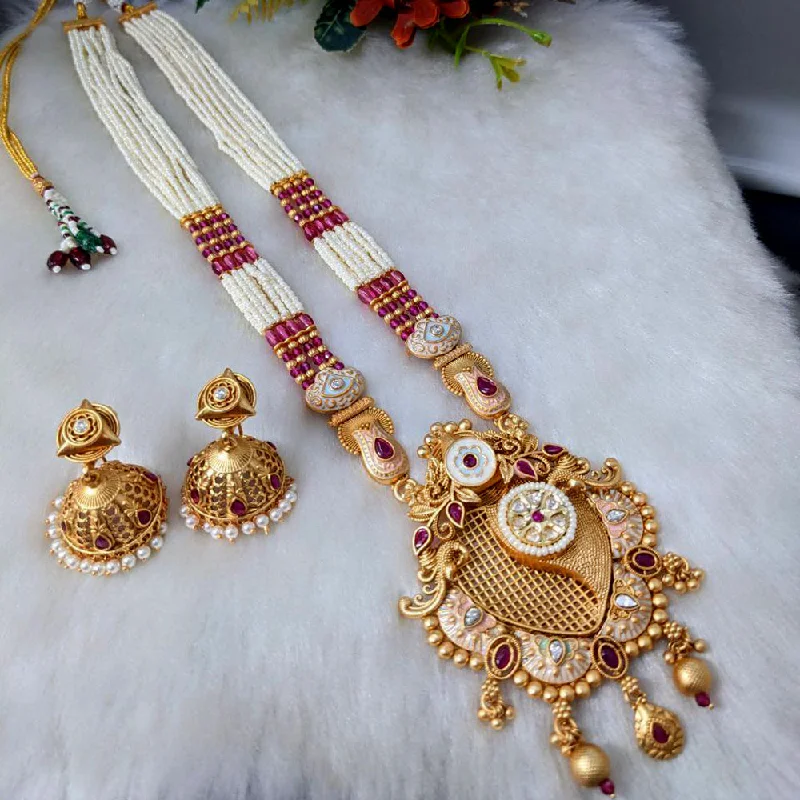 women’s tennis necklaces-Aamrapali Gold Plated Pota Stone And Meenakari Long Necklace Set