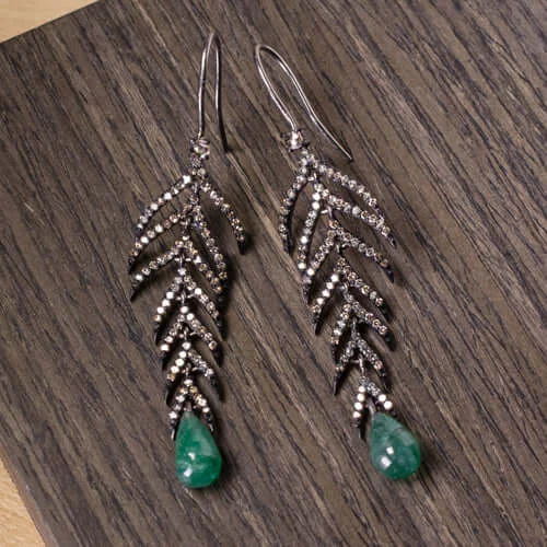 women’s zodiac earrings-1.5CT NATURAL DIAMOND 4.5CT EMERALD DANGLE EARRINGS BOHO FEATHER LEAF BLACK DROP