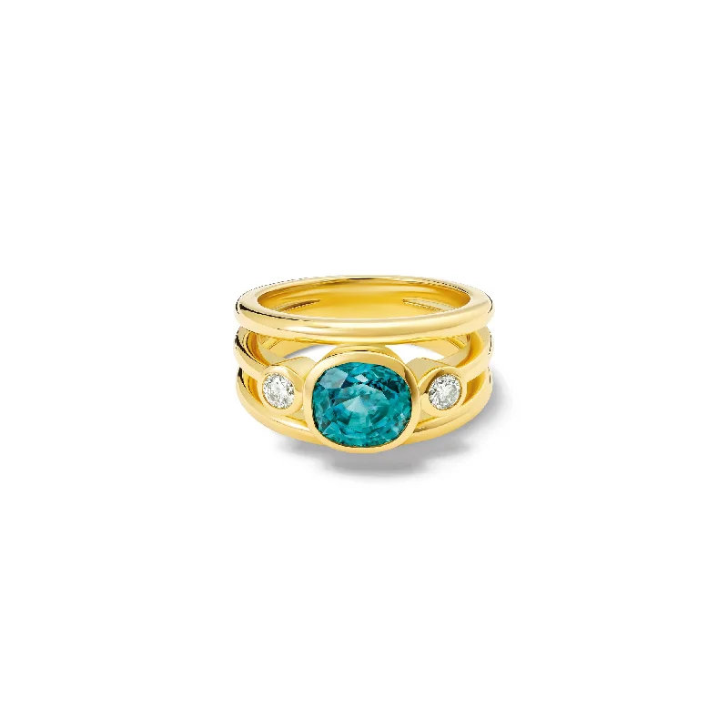 women’s vintage gemstone rings-Aeneus Ring 18ct Yellow Gold - Blue Zircon & Diamond