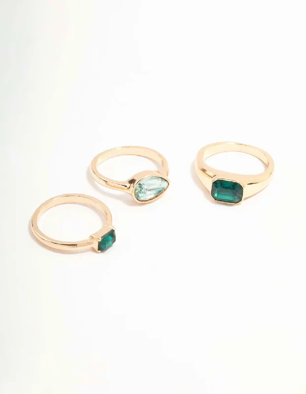 women’s romantic rings-Green Diamante Gold Rings 3-Pack