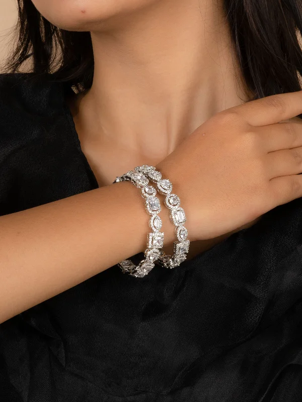 women’s gemstone bangles-White Color Silver Plated Faux Diamond Bangles - CZBANGLE58