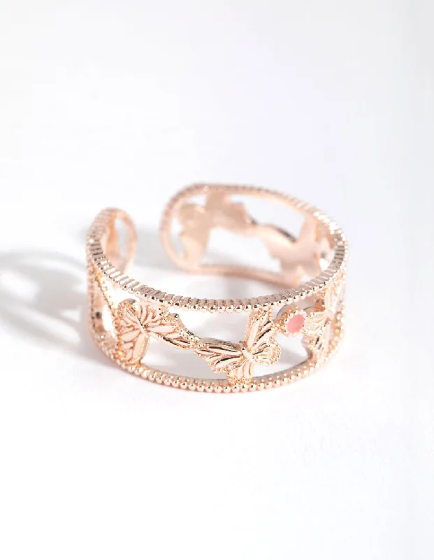 women’s emerald-cut rings-Rose Gold Multi Butterfly Ring