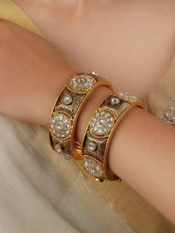 women’s elegant cuff bracelets-White Color Gold Plated Thappa Jadau Kundan Bangles - TJ-B12W