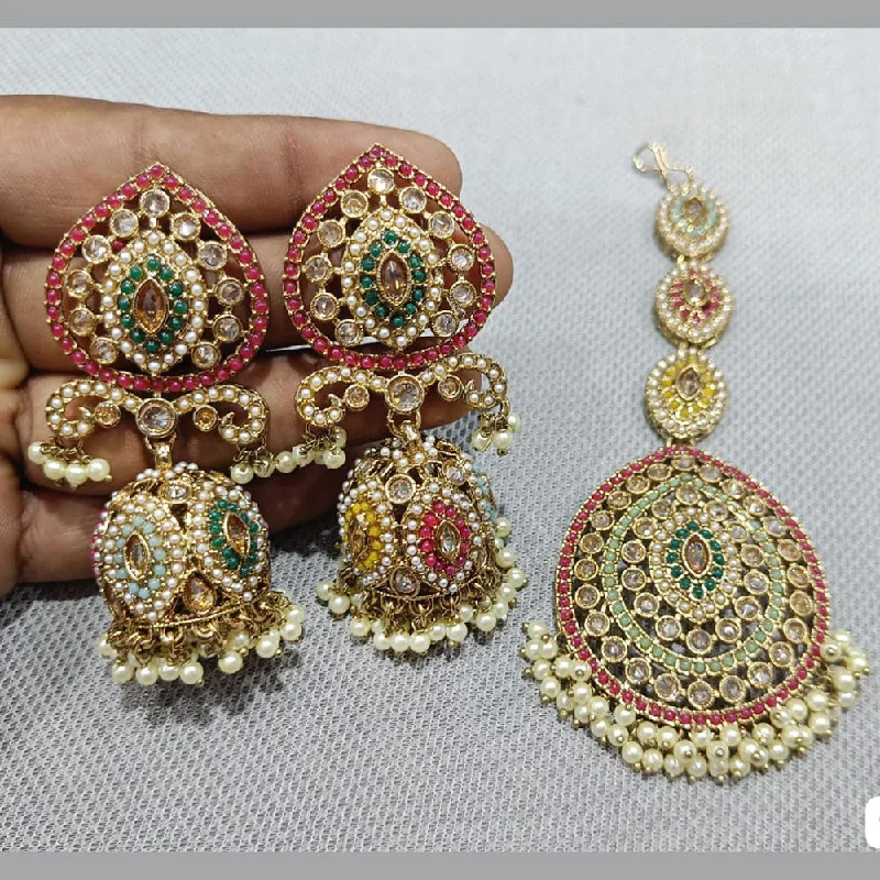 women’s drop earrings-Rani Sati Jewellers Gold Plated Crystal Stone And Pearls Earrings With Maangtikka