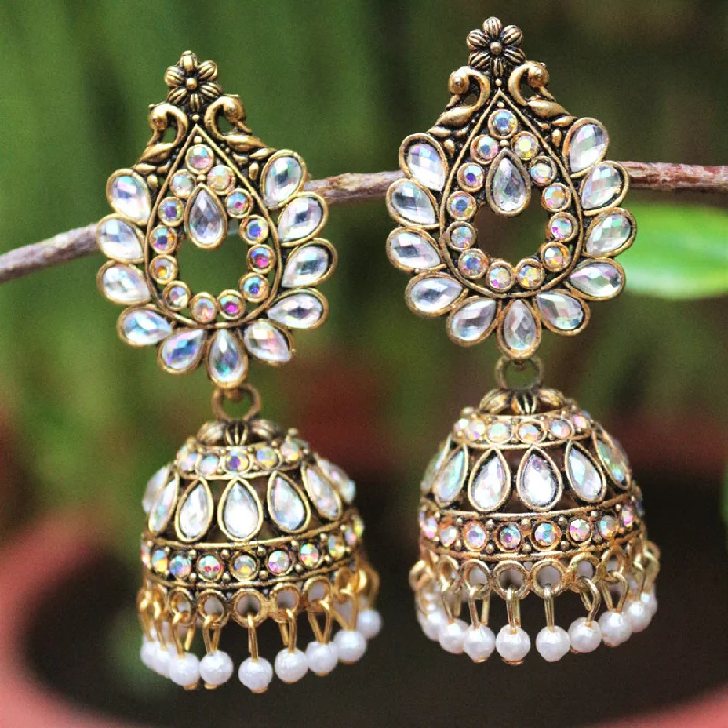 women’s luxury earrings-H K Fashion Antic Gold Plated Austrian Stone Pearls Jhumki Earrings