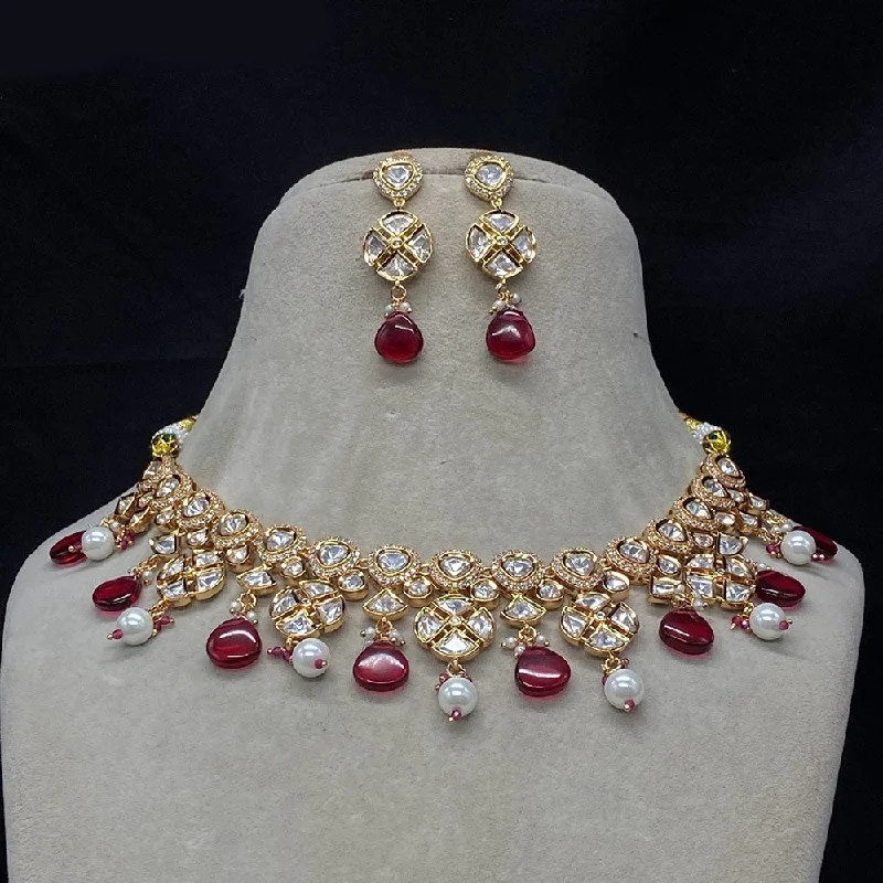 women’s designer necklaces-Royal Kundan Jewellery Gold Plated Polki Kundan And Pearls Necklace Set