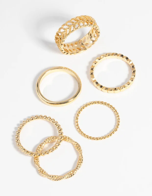 women’s custom-made rings-Gold Plated Textured Ring 6-Pack