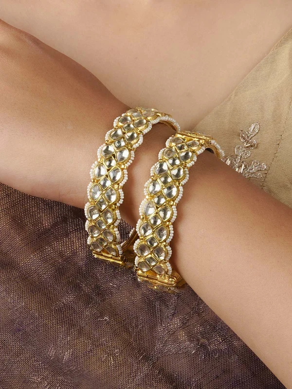 women’s luxurious bangles-White Color Gold Plated Jadau Kundan Bangles - MB36Y