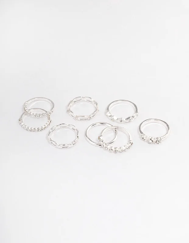 women’s gemstone wedding rings-Silver Diamante Row Mix Ring 8-Pack