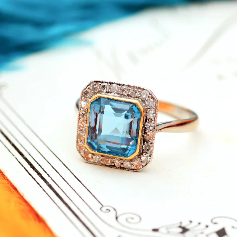 women’s simple engagement rings-Sensational Vintage Art Deco Blue Topaz & Diamond Ring