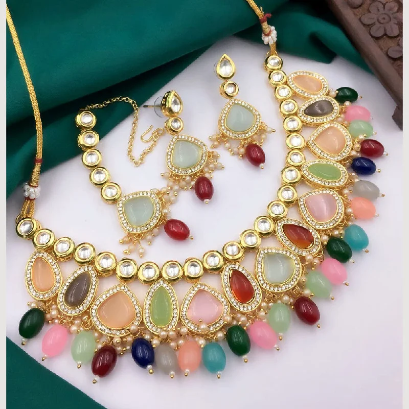 women’s necklace with initials-5G Jewellery Gold Plated Kundan Stone And Beads  Necklace Set