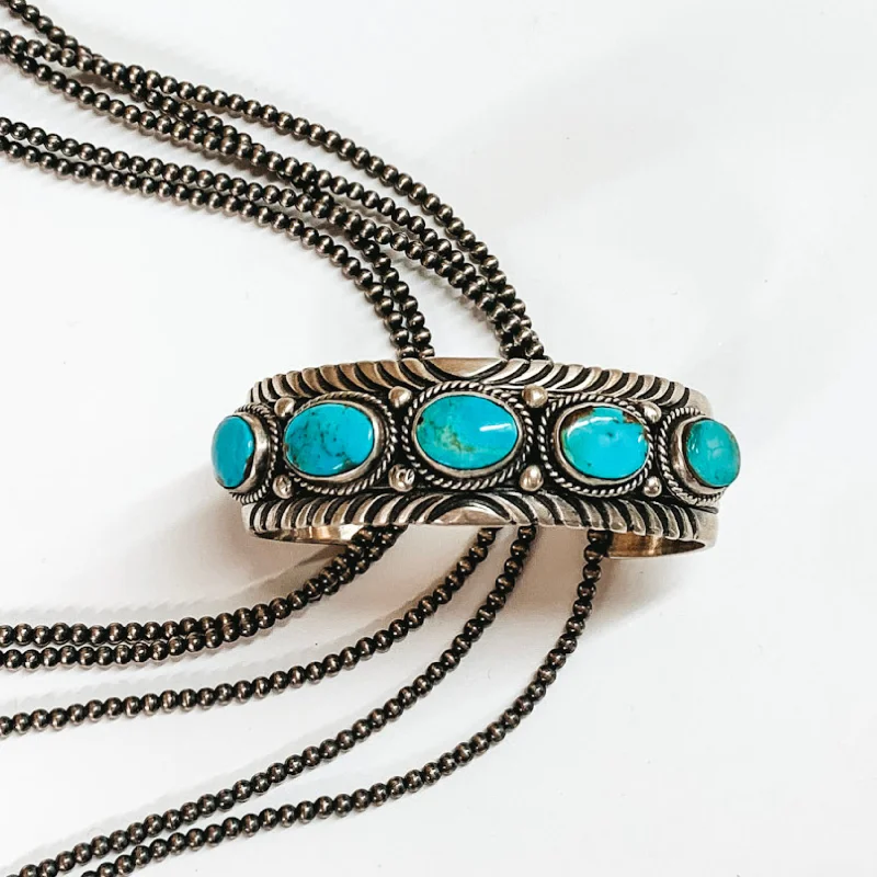 women’s cocktail bracelets-P Yazzie | Navajo Handmade Sterling Silver Cuff with 5 Turquoise Oval Stones