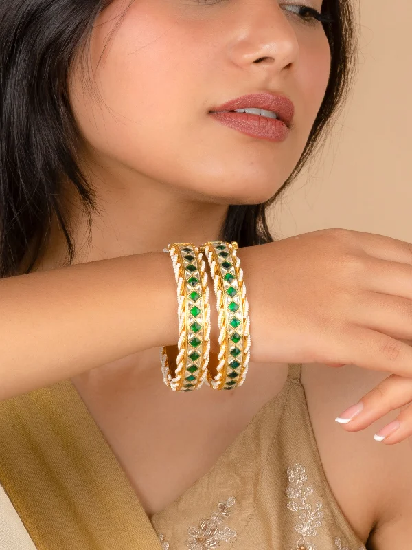 women’s designer bracelets-Green Color Gold Plated Jadau Kundan Bangles - MB180YGR