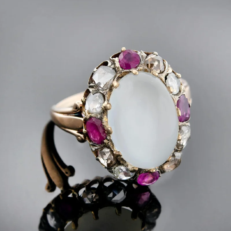 women’s colored gemstone rings-Victorian 18kt/Sterling Moonstone, Ruby + Rose Cut Diamond Cluster Ring