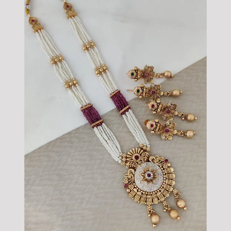 women’s classic necklaces-Rani Sati Jewels Gold Plated Pota Stone And Pearl Long Necklace Set