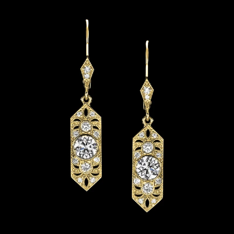 women’s oversized earrings-0.78c NATURAL DIAMOND VINTAGE STYLE DROP EARRINGS ART DECO GEOMETRIC YELLOW GOLD