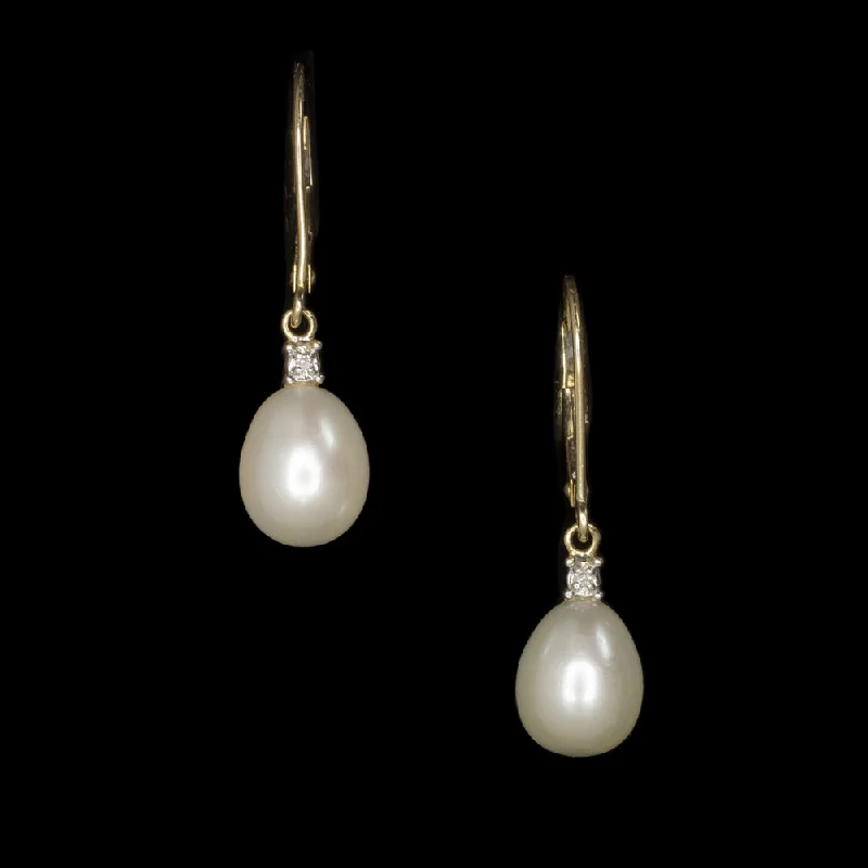 women’s ear thread earrings-VINTAGE PEARL DROP EARRINGS WITH DIAMOND ACCENTS YELLOW GOLD DANGLE ESTATE GIFT