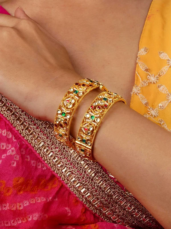 women’s trendy bracelets-Gold Plated Jadau Kundan Bangles - MB196