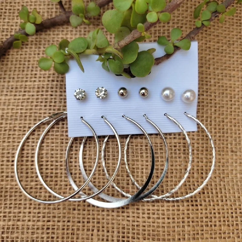 women’s layered earrings-Bevy Pearls Silver Plated Hoop Earrings Combo