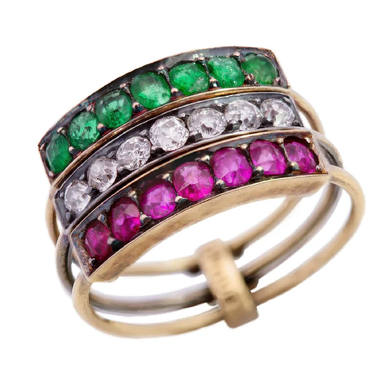 women’s heart-shaped rings-Victorian French 18k/Platinum Harem Emerald, Ruby & Diamond Three Band Ring