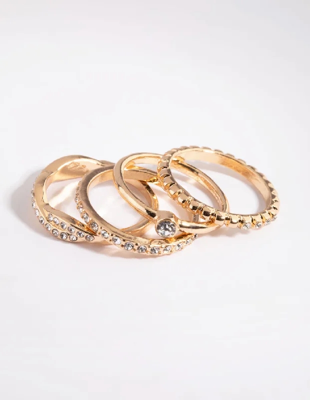 women’s luxury rings-Gold Diamante Ring Stack Pack