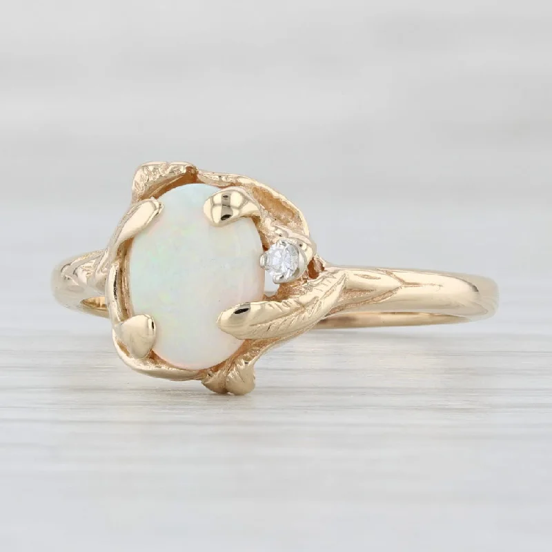 women’s engagement rings with large diamonds-Floral Oval Opal Cabochon Diamond Ring 14k Yellow Gold Size 9.25