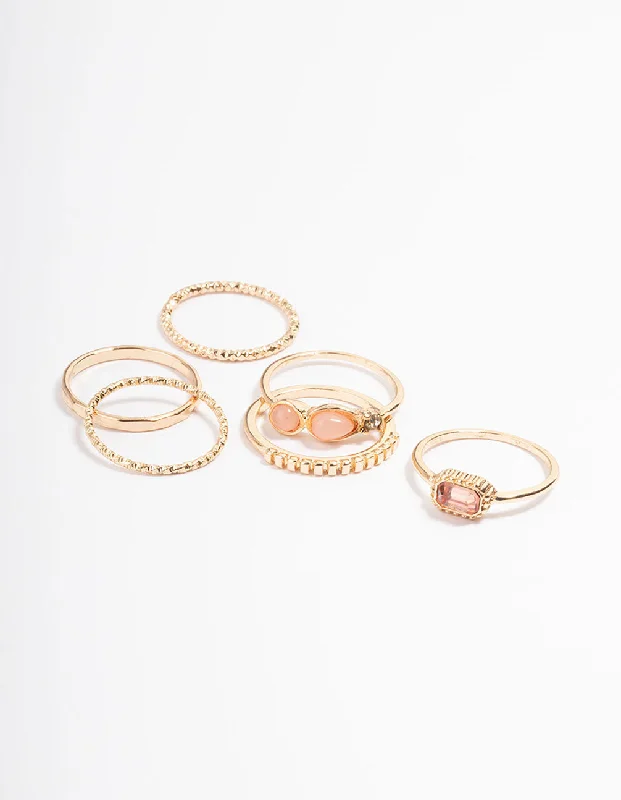 women’s gold rings-Gold Mix Stone Ring 6-Pack