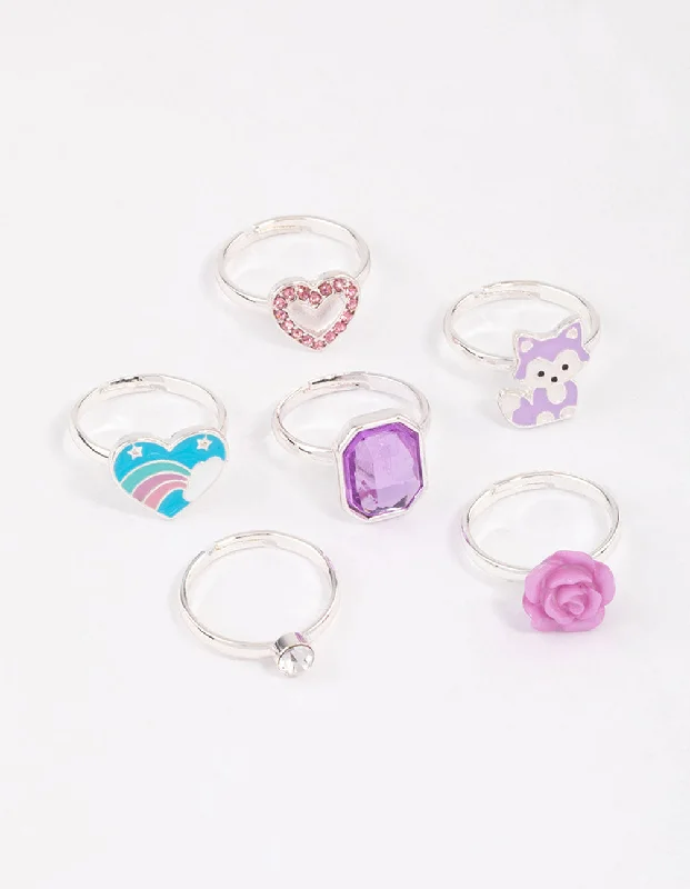 women’s stackable silver rings-Kids Silver Diamante Rose Ring 6-Pack