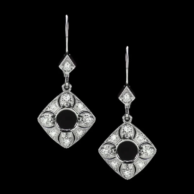 women’s wedding earrings-DIAMOND SEMI MOUNT DROP EARRINGS ROUND SETTING VINTAGE STYLE ART DECO DANGLE