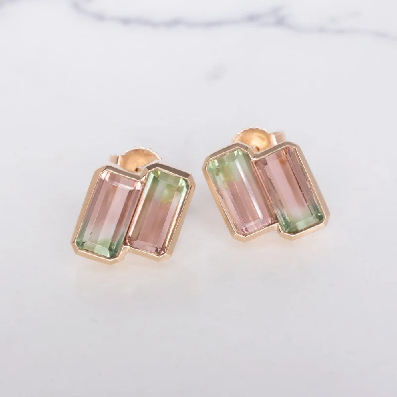 women’s ethnic earrings-NATURAL WATERMELON TOURMALINE STUD EARRINGS 14k ROSE GOLD MINIMALIST BEZEL SET