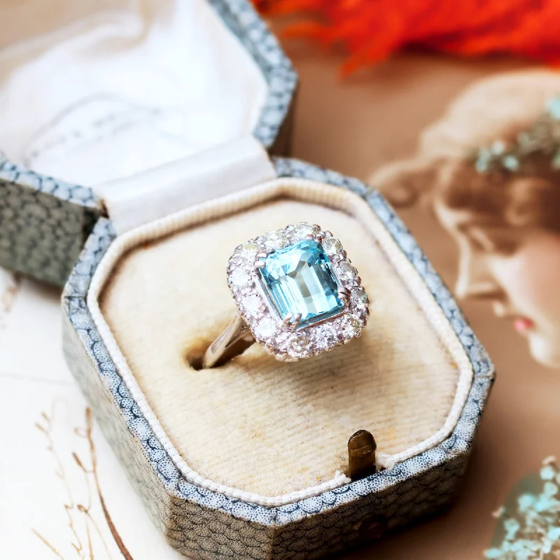 women’s diamond halo engagement rings-Totally Glamorous Vintage Aquamarine & Diamond Ring