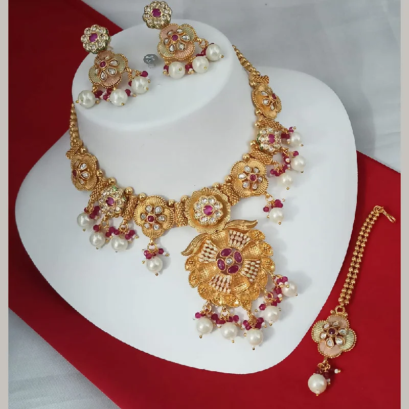 women’s trendy choker necklaces-Padmawati Bangles Gold Plated Polki Kundan Stone And Pearls Meenakari Necklace Set