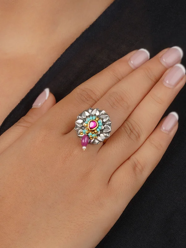 women’s simple rings-Pink Color Silver Plated Tribal Ring - EK-SFRNG174P