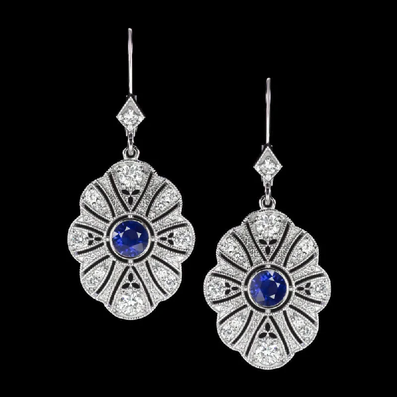 women’s long drop earrings-1.35ct SAPPHIRE DIAMOND DANGLE EARRINGS VINTAGE STYLE DROP WHITE GOLD ART DECO