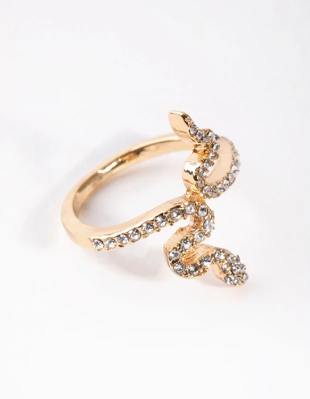 women’s stackable diamond rings-Gold Diamante Snake Ring